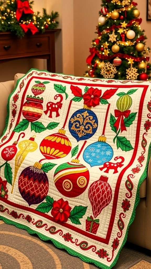 A colorful Christmas ornaments quilt draped over a couch with holiday decorations in the background.